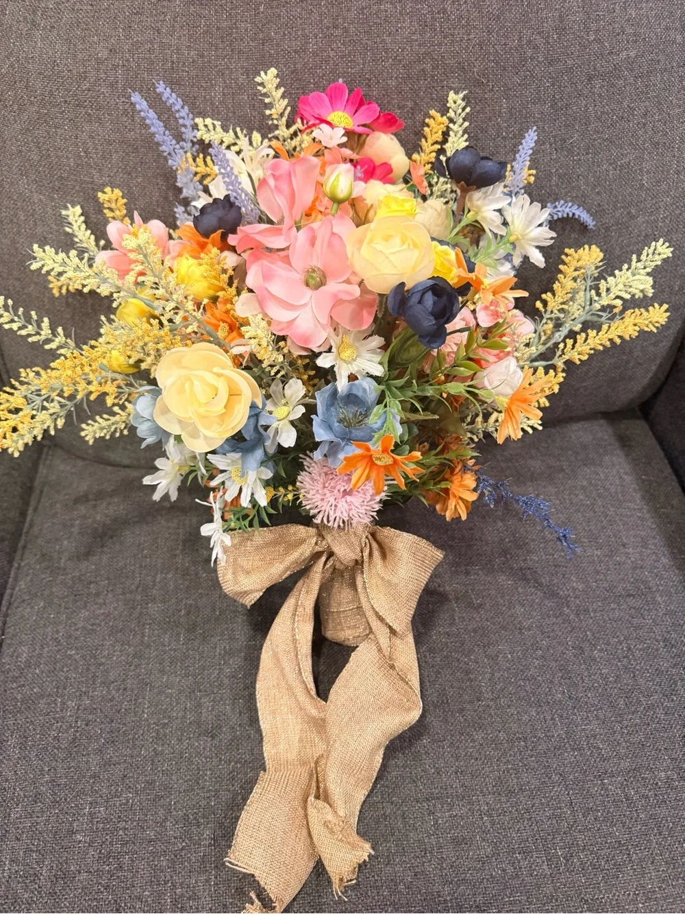 2-Elegant Mixed Artificial Floral Bouquets in Yellow, Navy, Pink & Blue